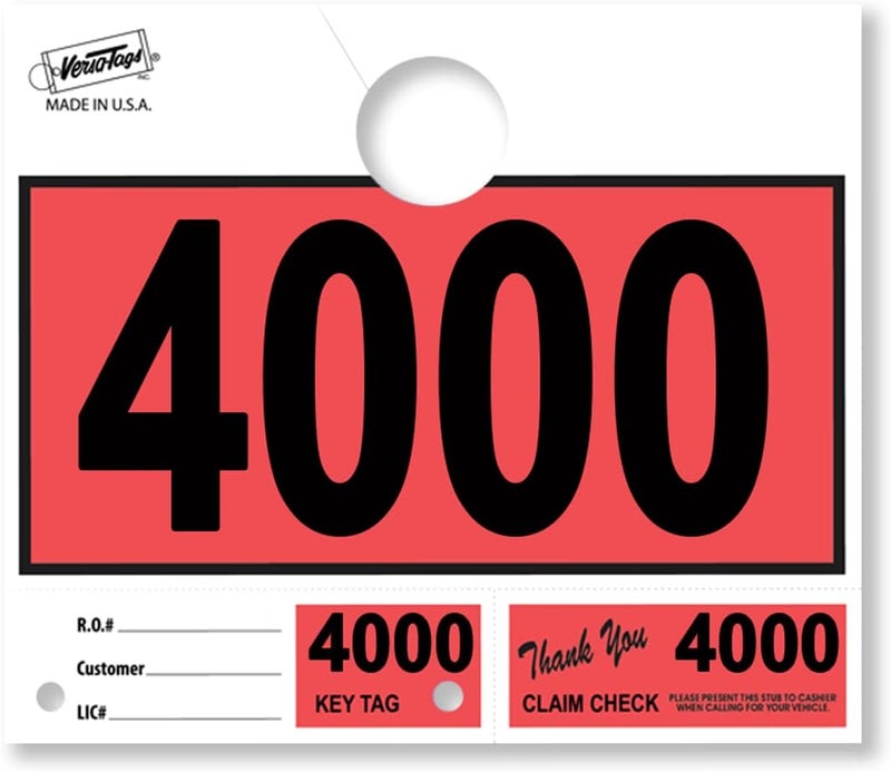 Versa-Tags 1000 Red Car Dealer Service Hang Tags Service Dispatch Numbers, Service Department Numbered Key Tags for Mechanic Repair Shop 3 Part Key Ring - Red (4000-4999) - Image 1